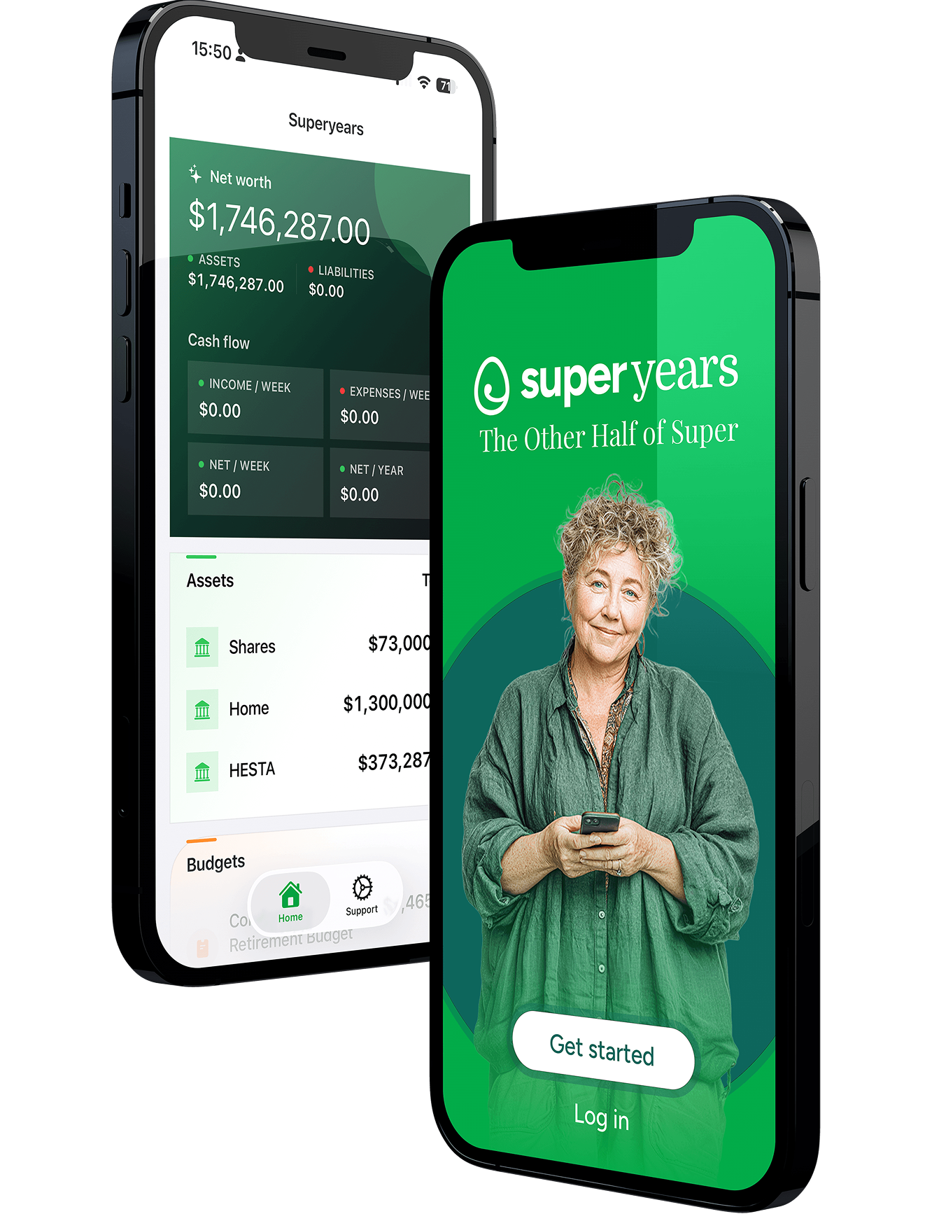 SuperYears on a phone, surrounded by the retirement moments it helps you plan